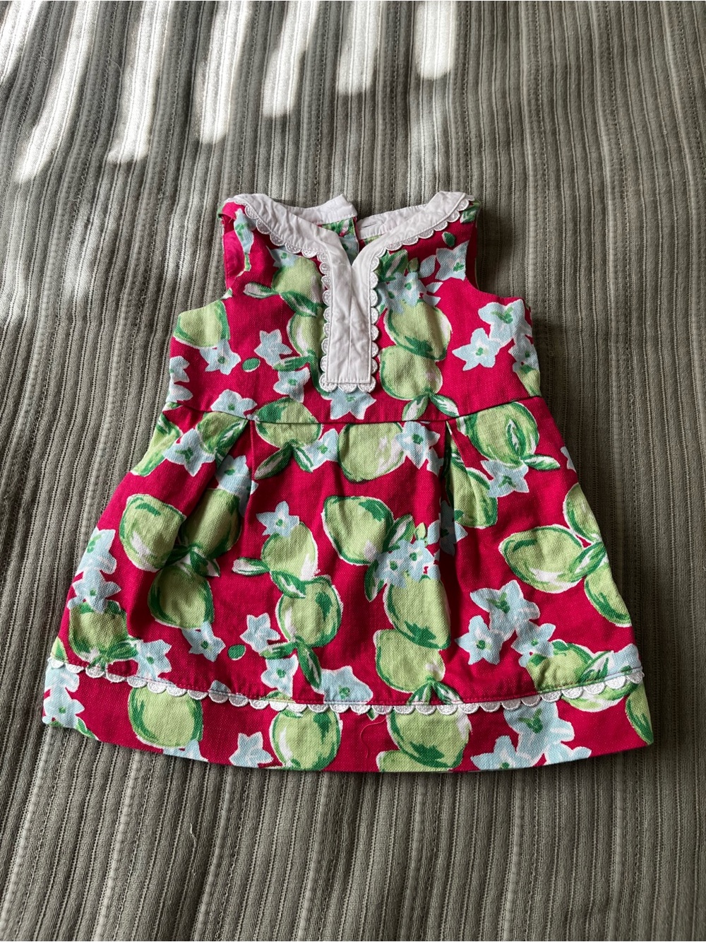 Janie and Jack Red Dress with Green Lemon Print and White Trim
